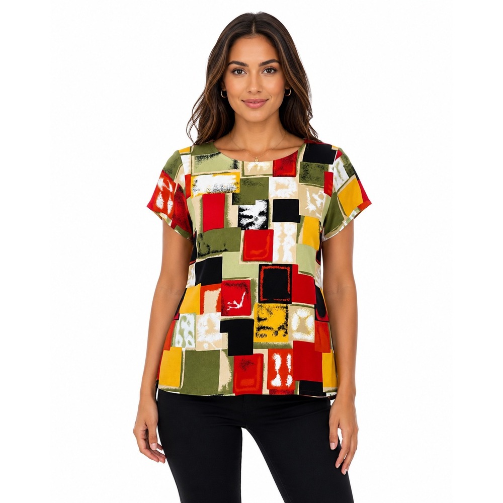 KC Studio Womens Short Sleeve Geometric Block Print Blouse Red Green Yellow S